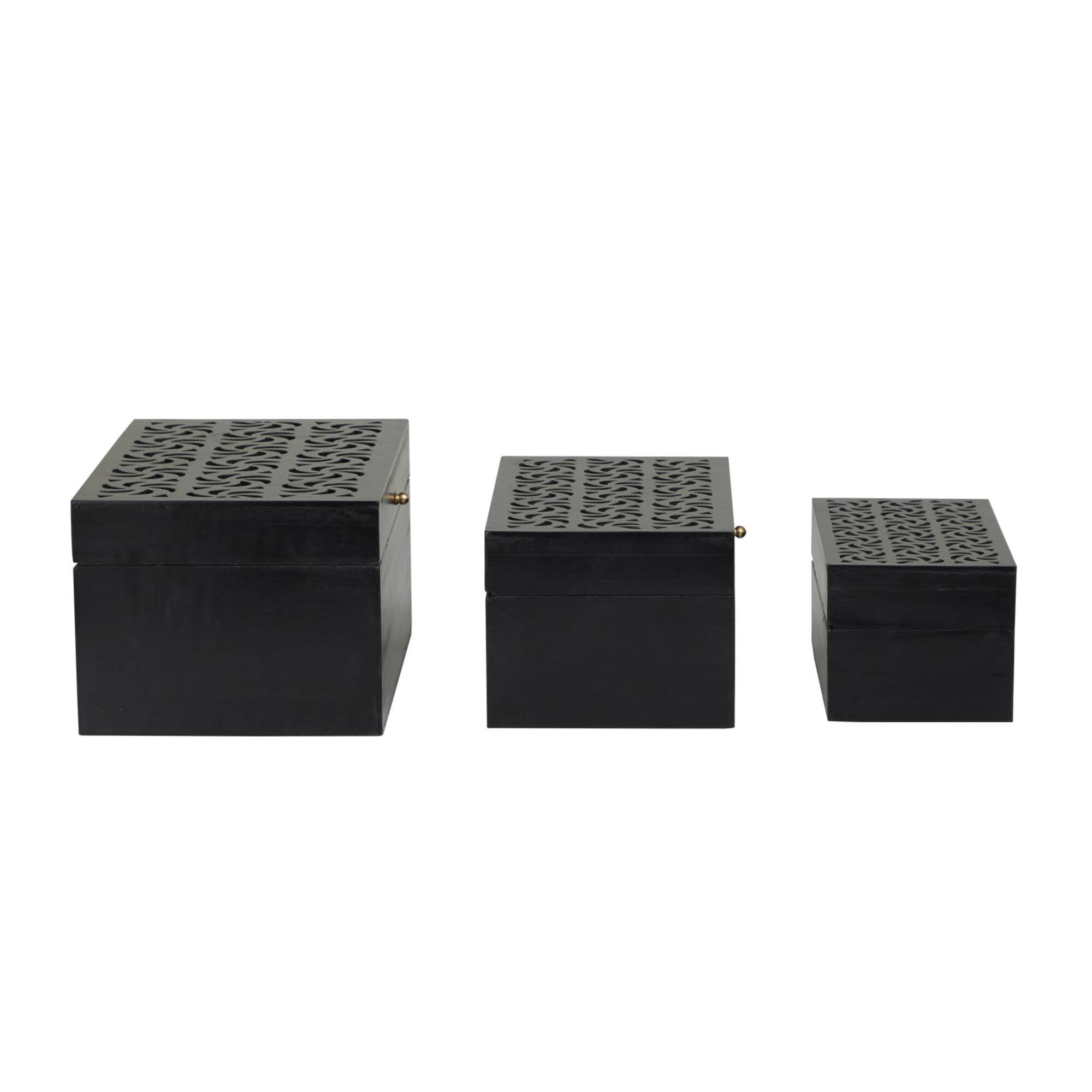 Black Wood Intricate Carved Box with Hinged Lid Set
